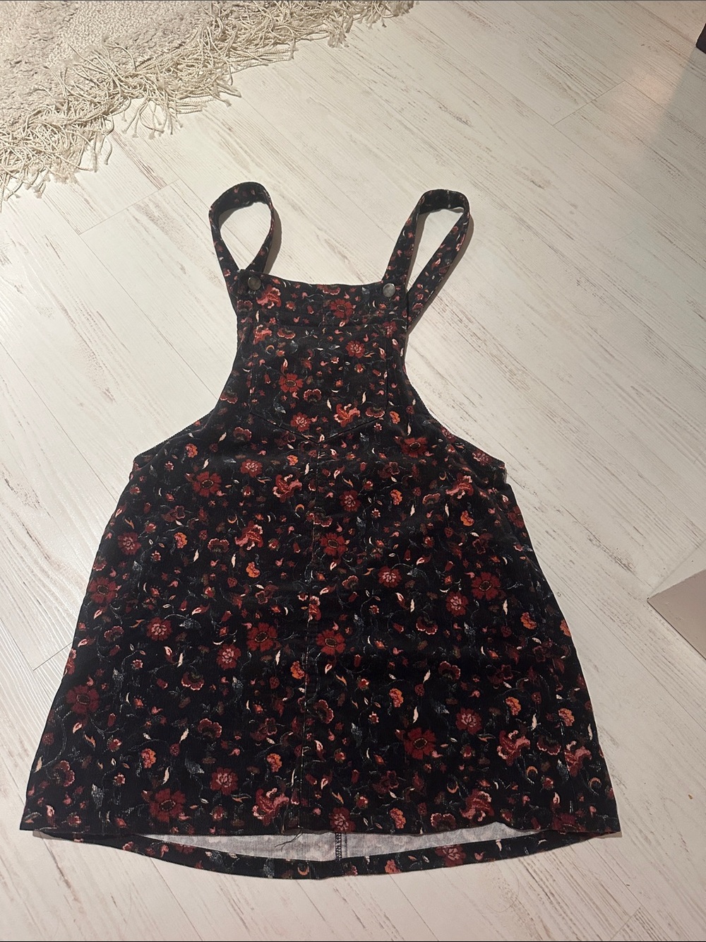 Bershka Black corduroy Pinafore Dress with Red Rose Print